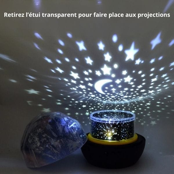 Projecteur LED avec motifs étoilés sur un mur sombre
