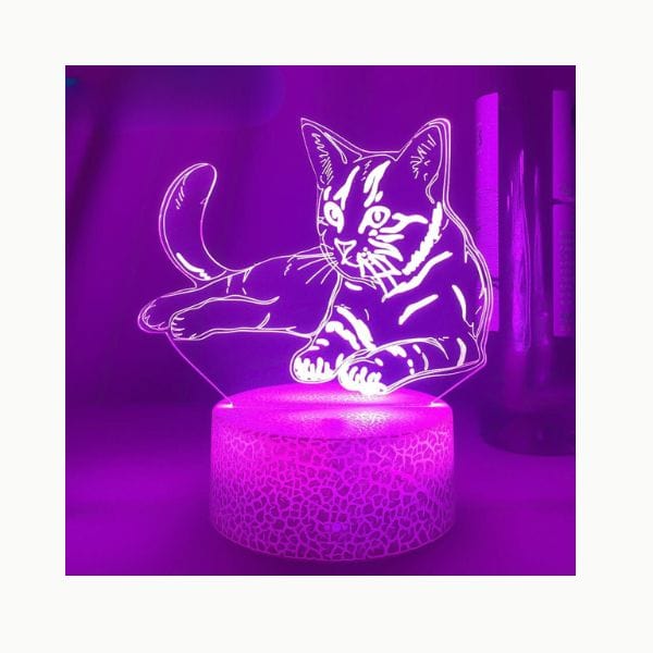 Veilleuse LED 3D chat avec base blanche craquelée
