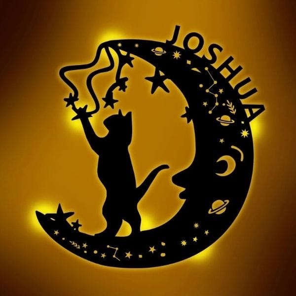 Veilleuse murale en forme de lune avec chat gravé