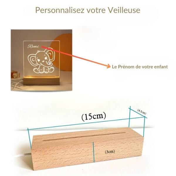 Veilleuse enfant avec prénom et motif éléphant rêveur