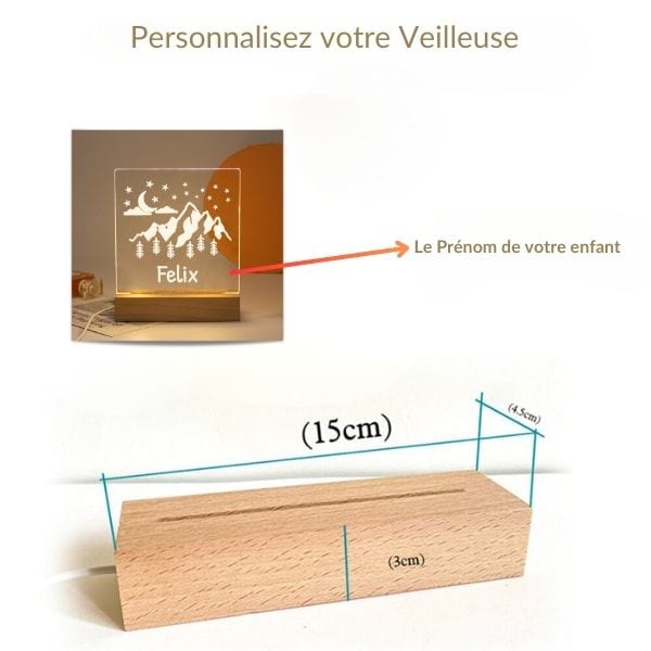 Veilleuse enfant avec prénom illuminé dans une forêt étoilée