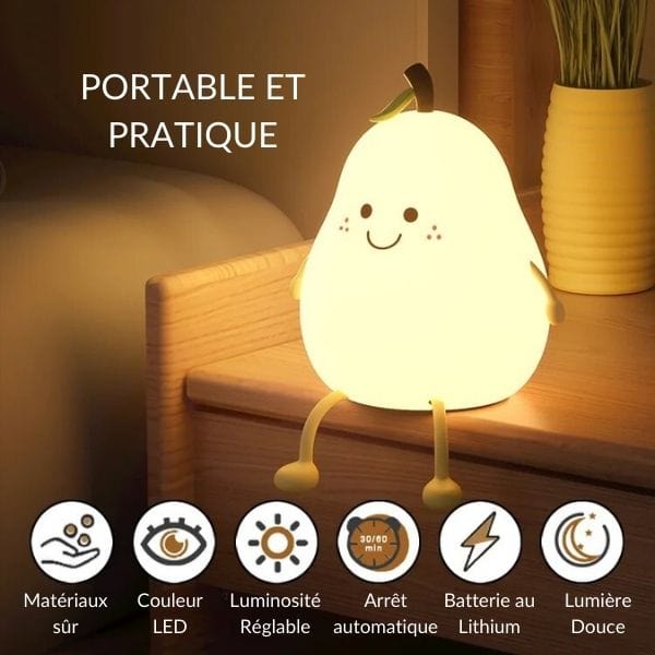 Vue rapprochée de la veilleuse LED poire avec lumière allumée