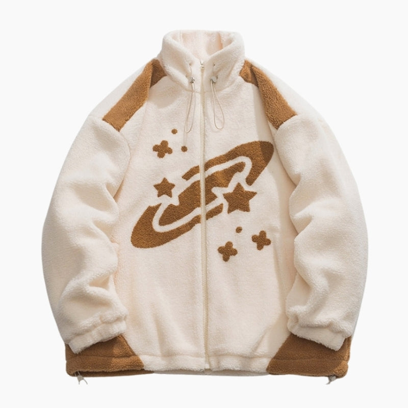 Veste beige en moumoute avec étoiles marron et poches avant