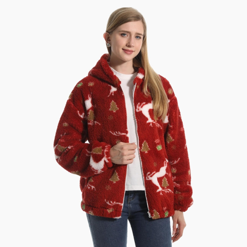 Veste rouge bordeaux avec motifs de Noël en Pilou Pilou