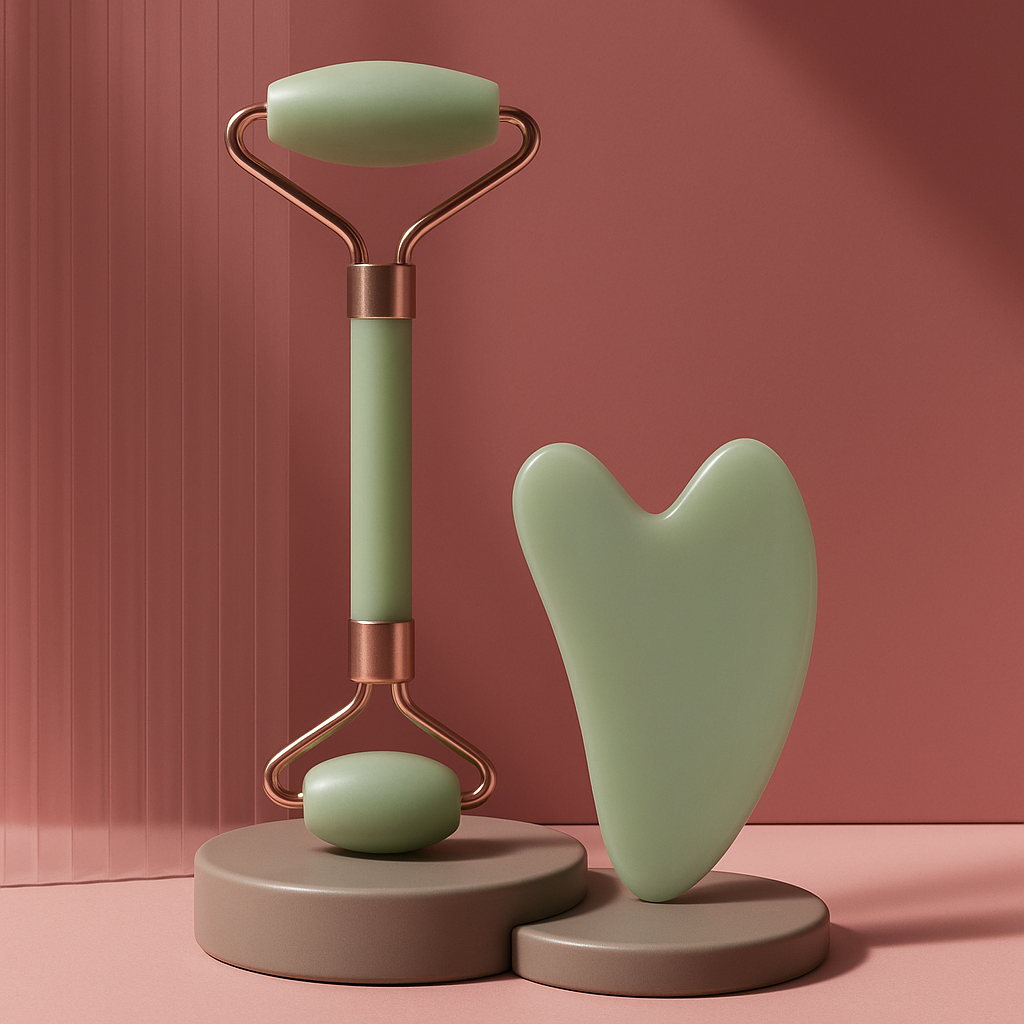 Gua Sha en quartz rose sur fond blanc