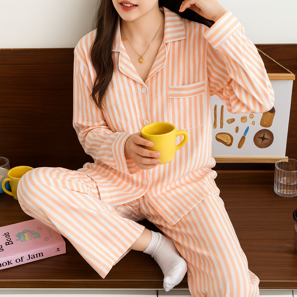 Pyjama à rayures beiges sur cintre en bois