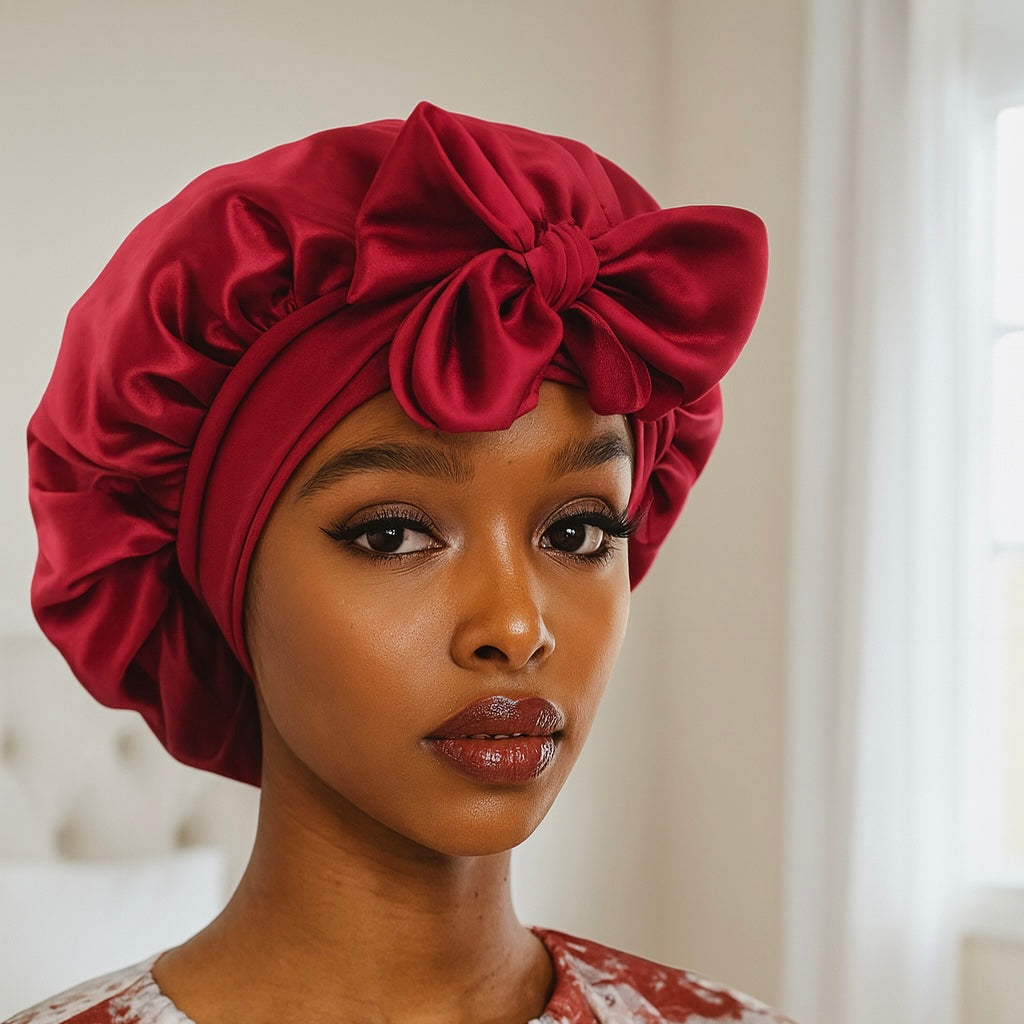 Bonnet en satin posé sur un lit blanc