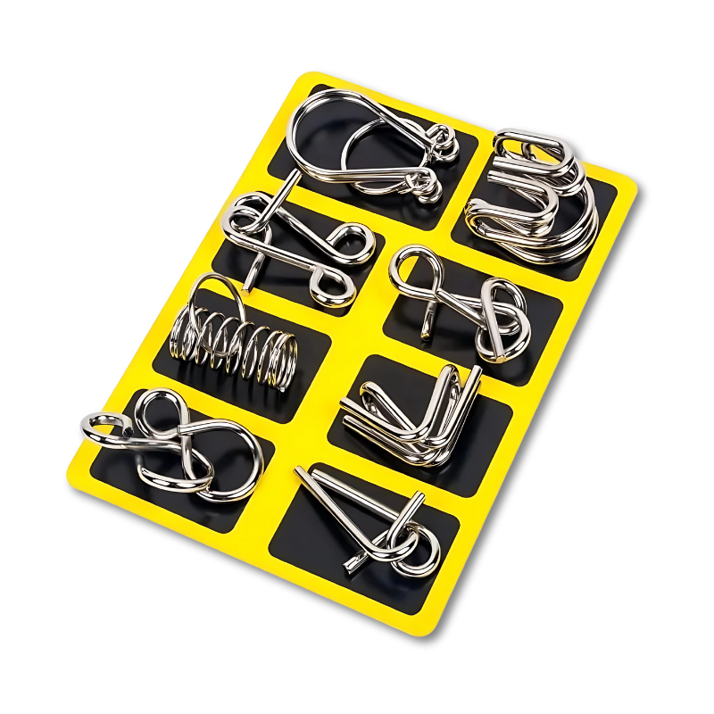 Emballage jaune contenant un puzzle en métal unique