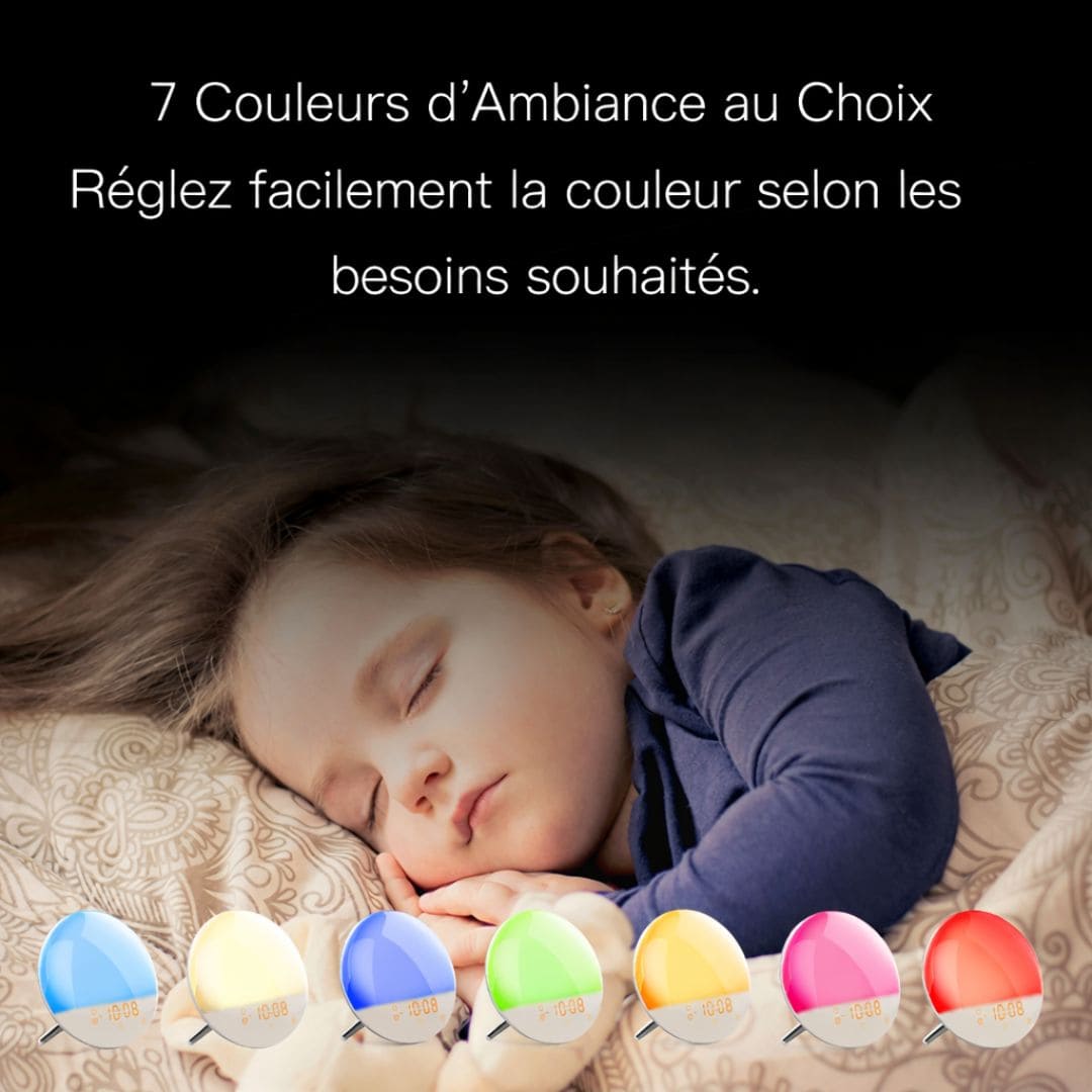 Réveil connecté avec plusieurs options d'alarme visibles