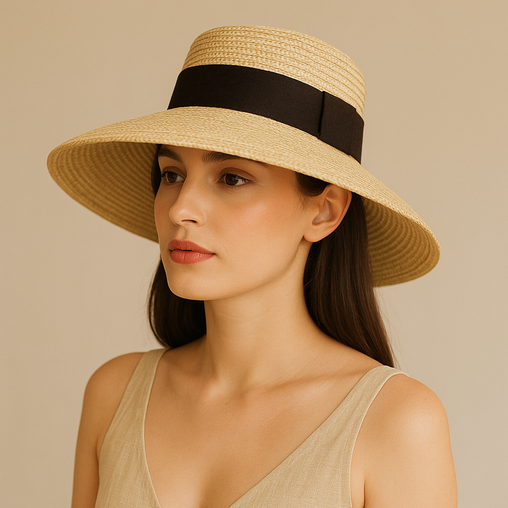 Chapeau de paille avec calotte plate et ruban assorti