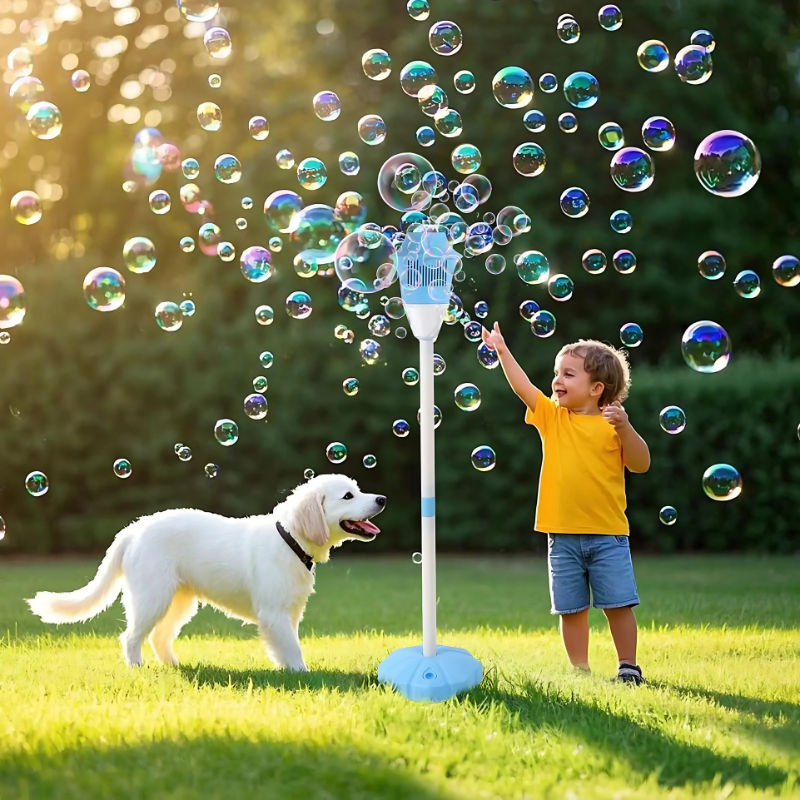 Machine à bulles en fonctionnement avec bulles colorées