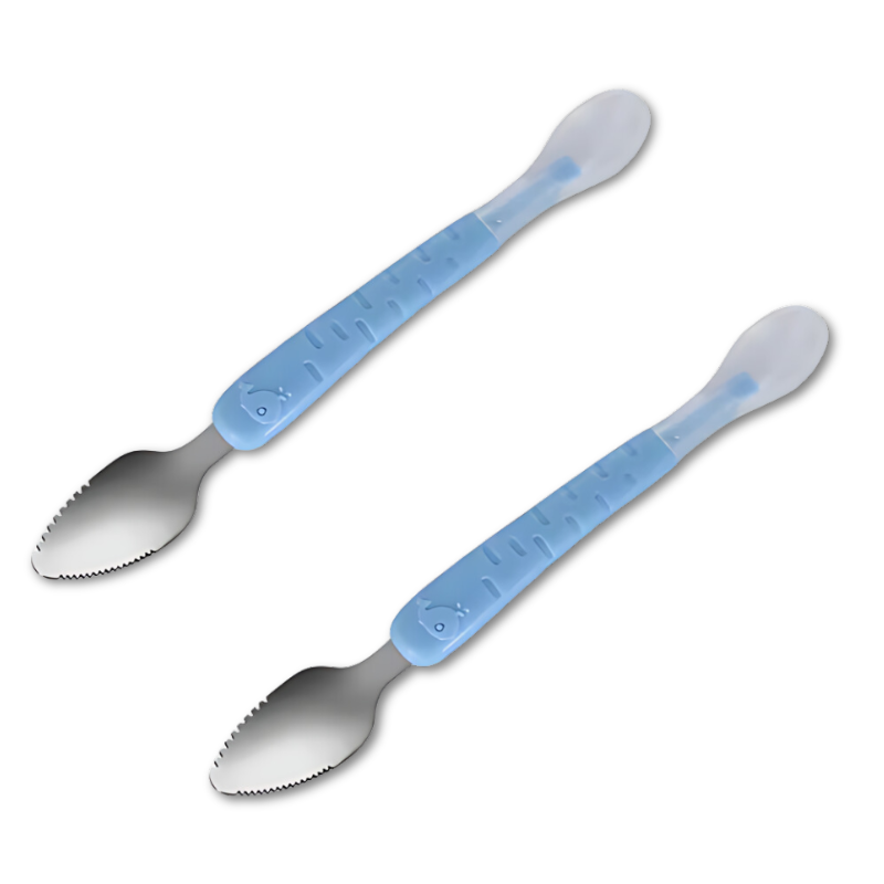 Deux cuillères bleues pour enfants, manche ergonomique