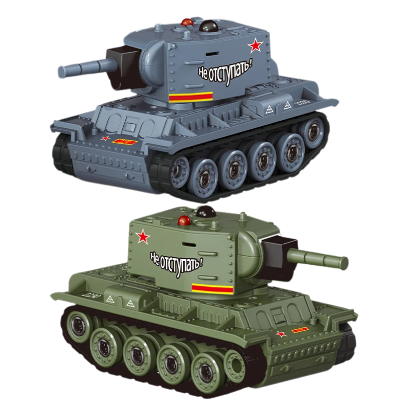 Deux mini tanks, vert et gris, côte à côte