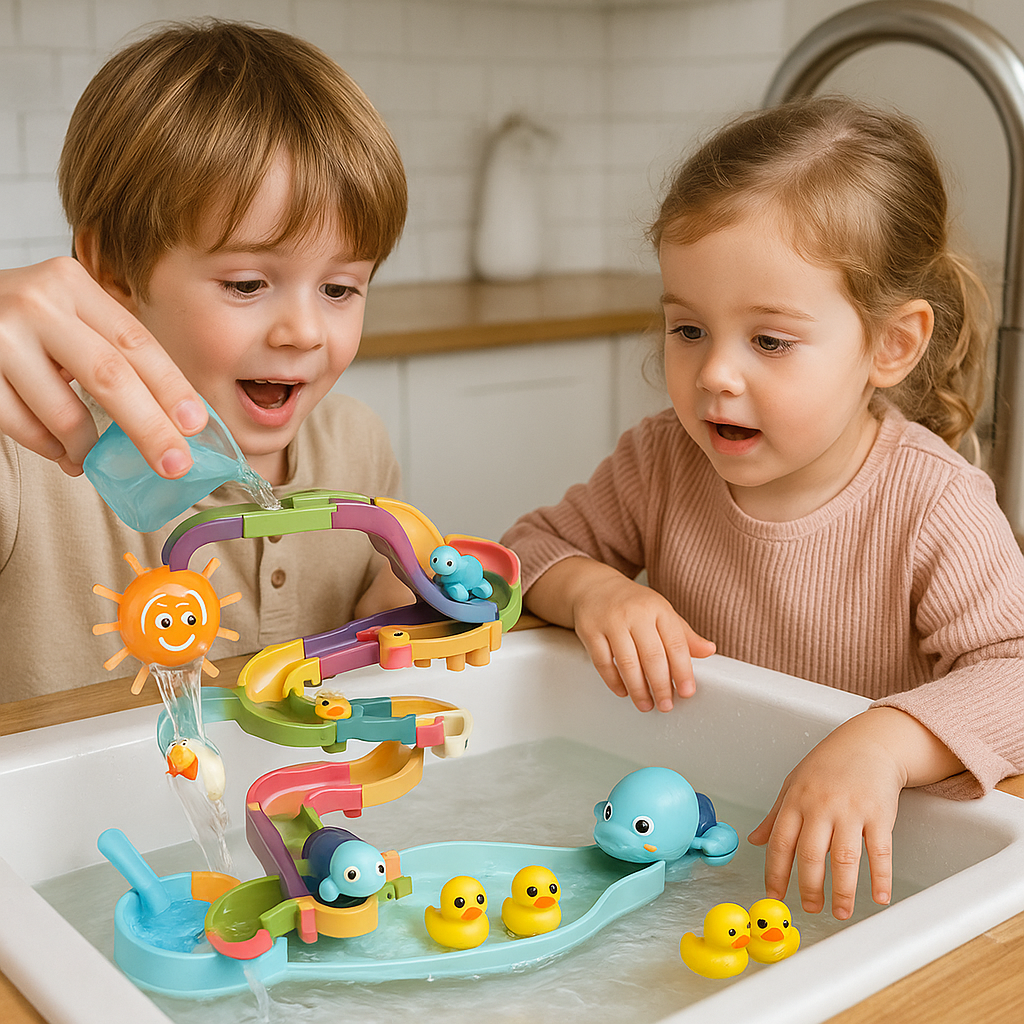 Enfants jouant avec un évier interactif et des accessoires