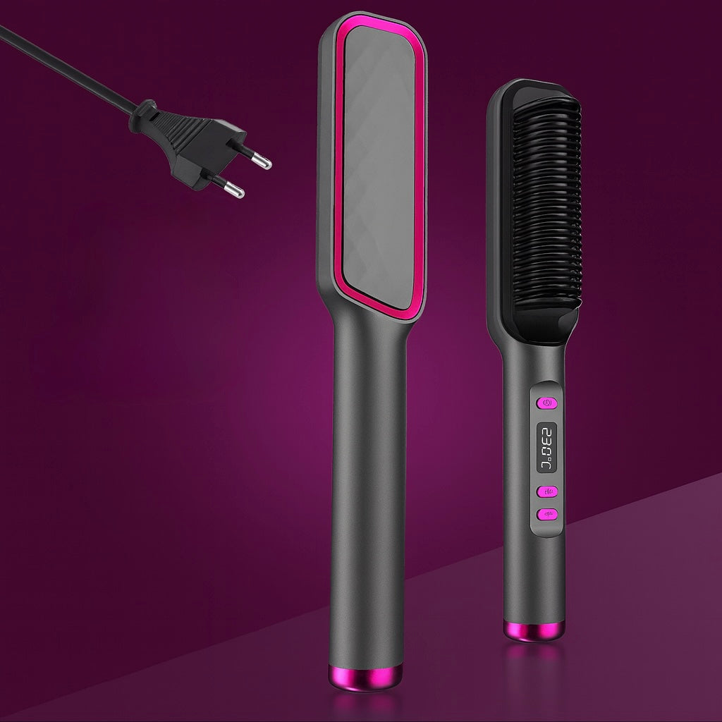 Femme utilisant une brosse lissante sur cheveux longs