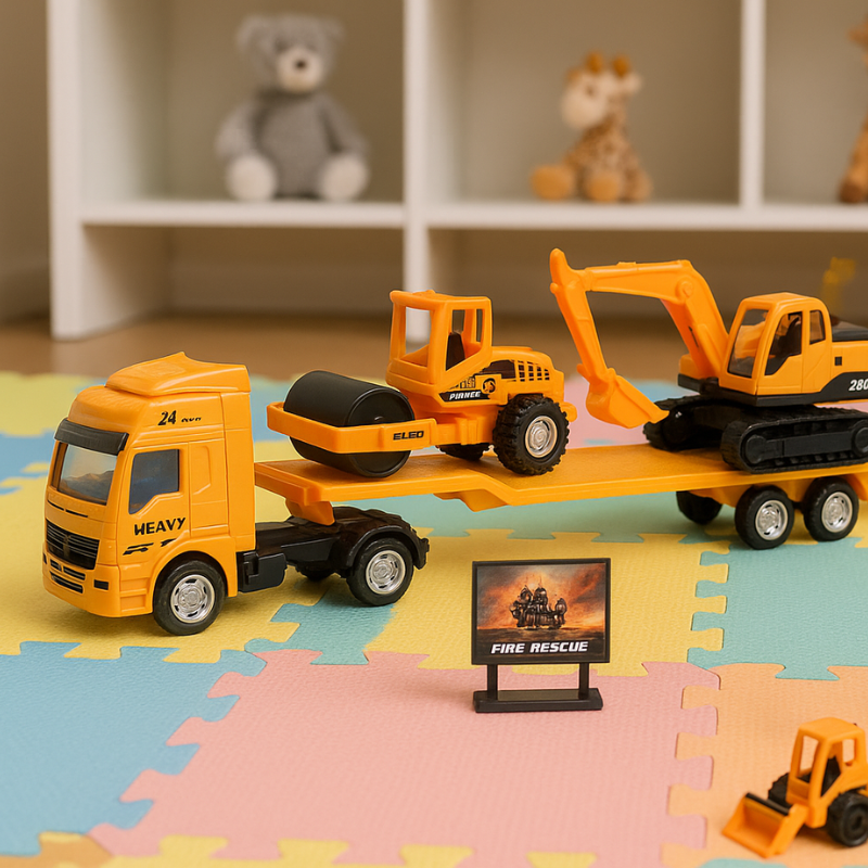 Enfant jouant avec des véhicules de sauvetage sur un tapis