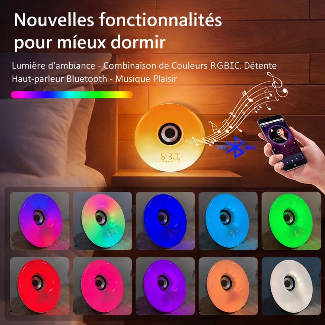 Vue de côté du simulateur d’aube avec boutons de contrôle