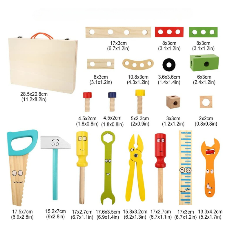 Enfant jouant avec une boîte à outils en bois colorée