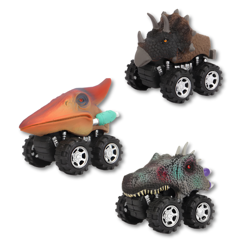 Ensemble de trois camions Dino colorés alignés