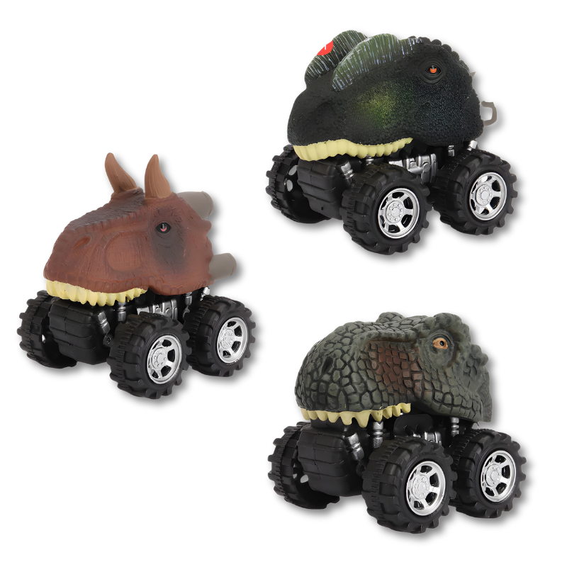 Trois camions Dino en plastique sur fond neutre