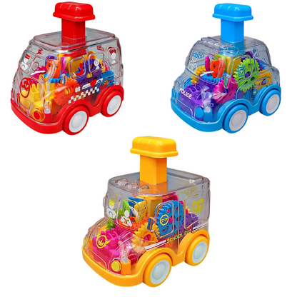 Lot de trois voitures à poussoir, styles variés, alignées