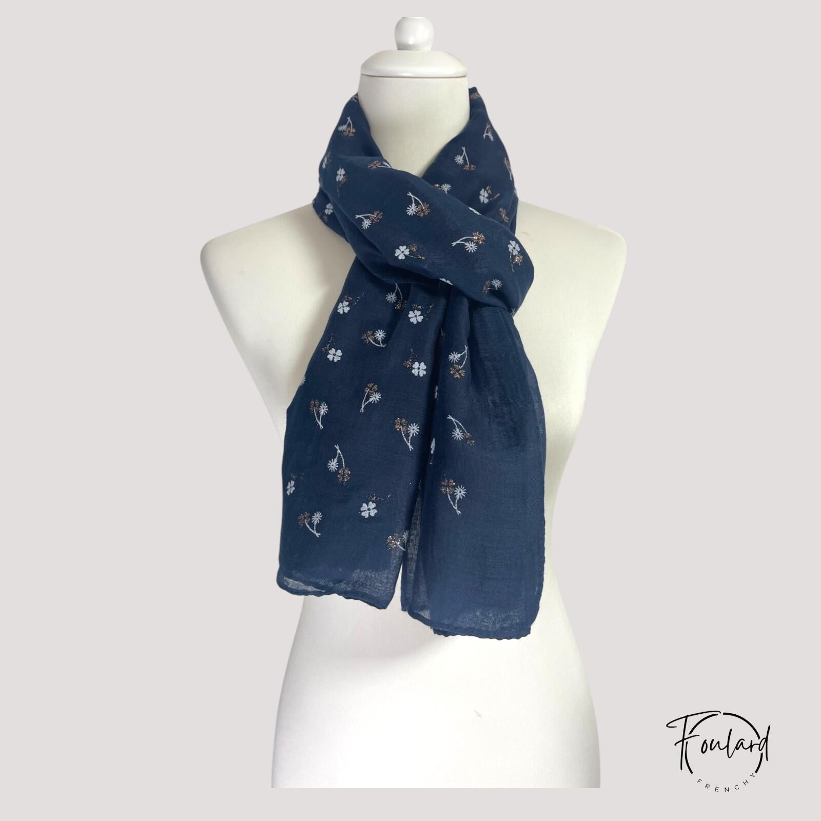 Foulard élégant en polyester noir à motifs floraux