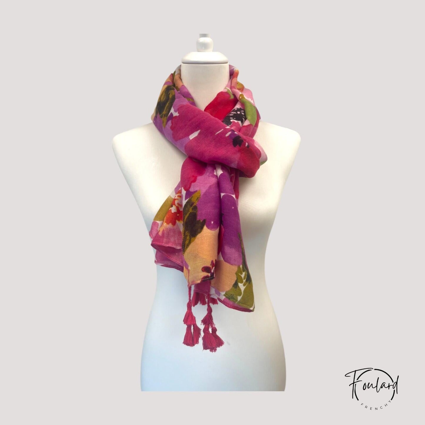 Foulard ample avec motif floral rose et violet
