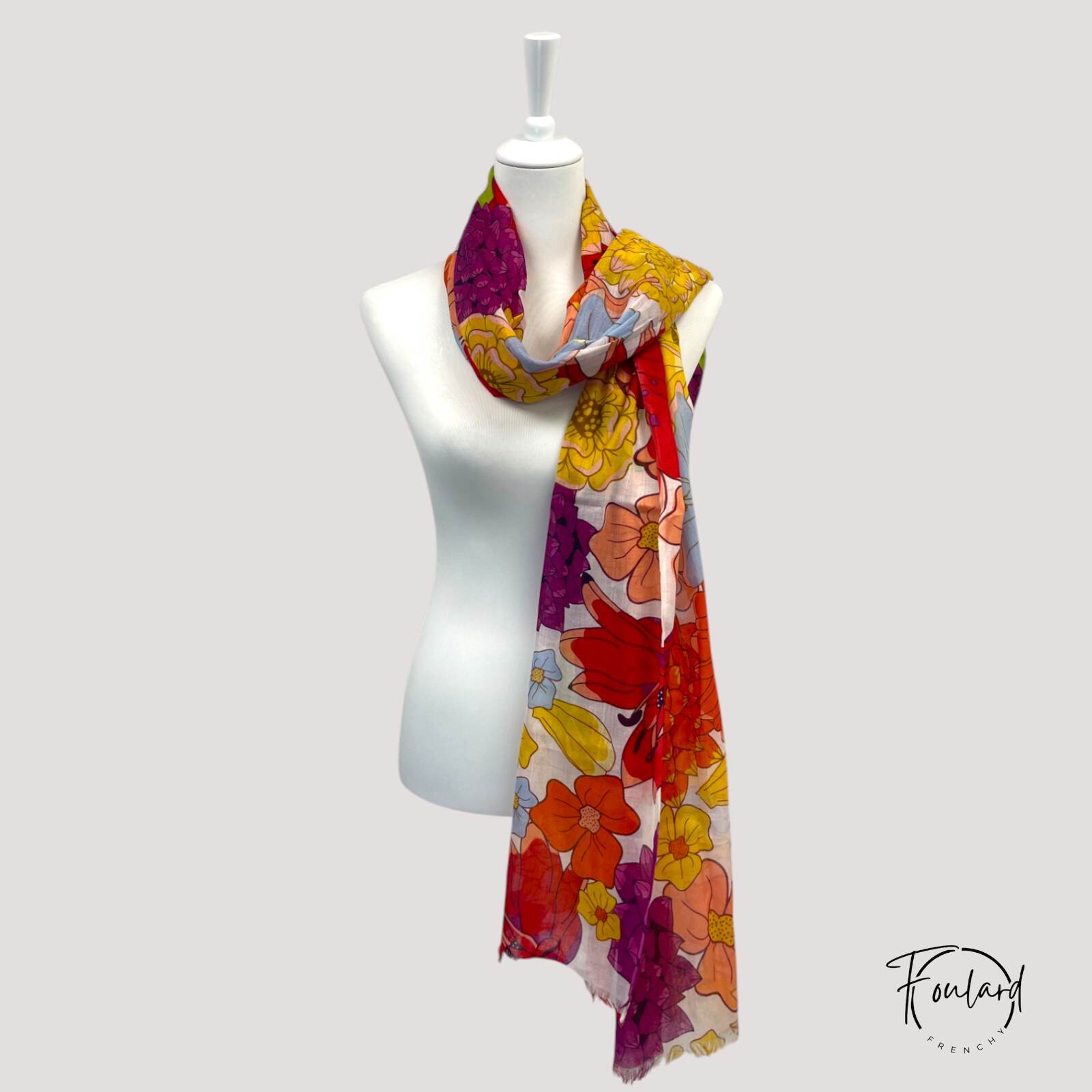 Foulard en coton avec grandes fleurs colorées