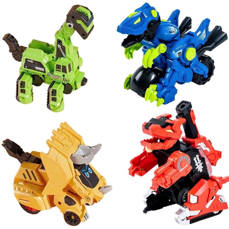 Vue d'ensemble de quatre voitures dinosaures sur fond blanc