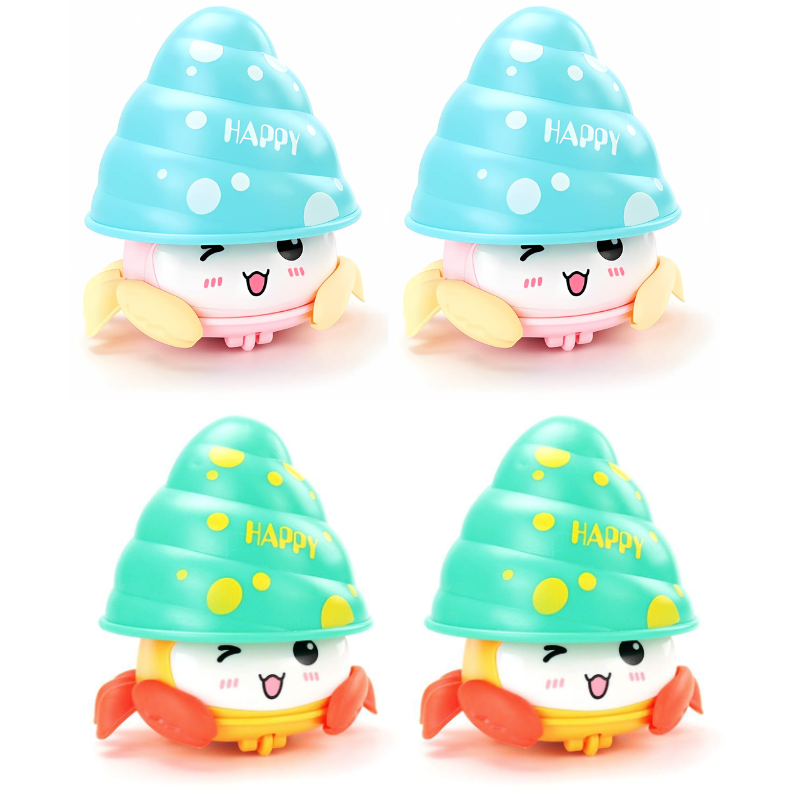 Quatre jouets coquillage colorés alignés sur une table