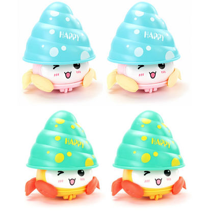 Quatre jouets coquillage colorés alignés sur une table