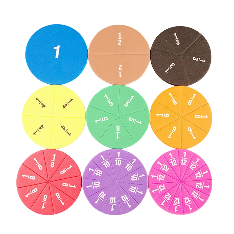 Vue d'ensemble des 51 pièces de fractions colorées