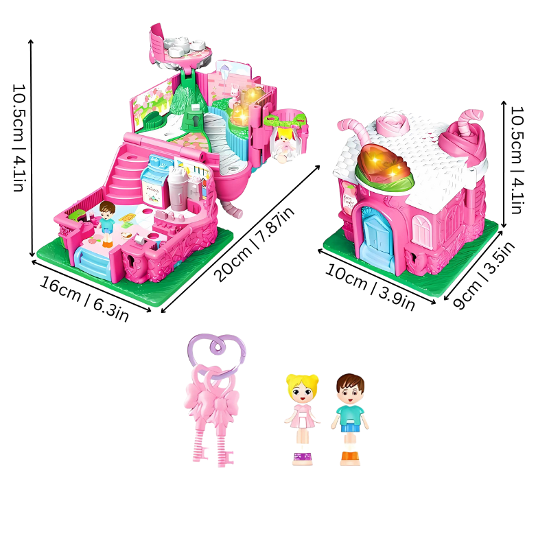 Scène de jeu avec enfants interagissant avec la maison de poupée