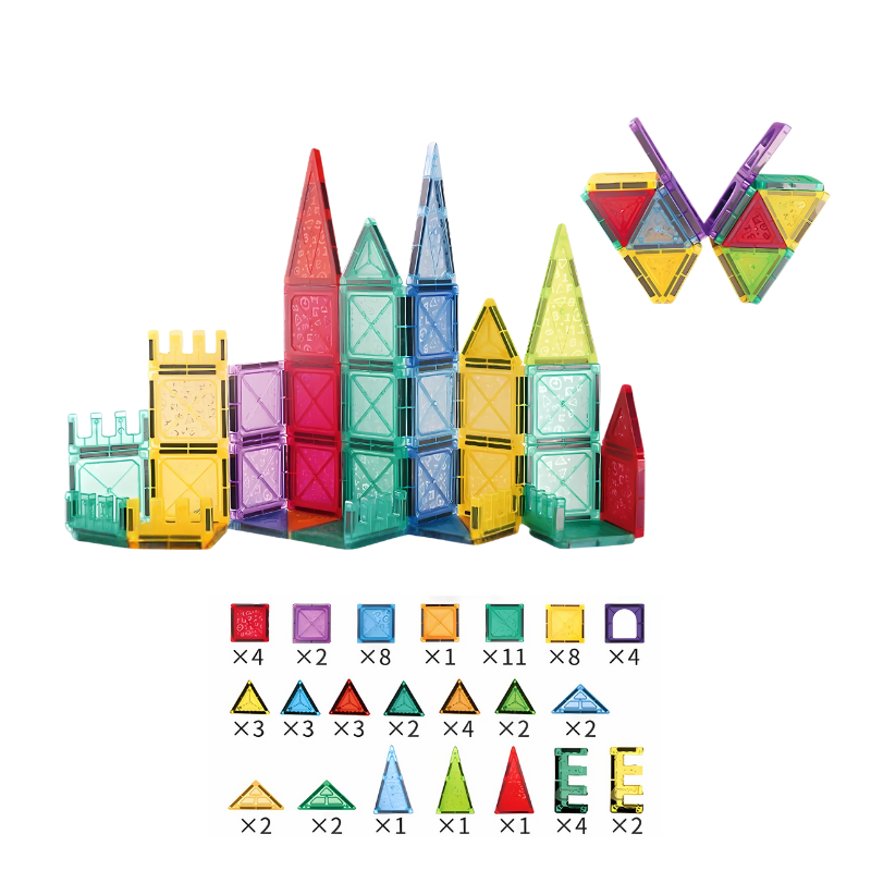 70 blocs magnétiques colorés disposés en éventail sur une table