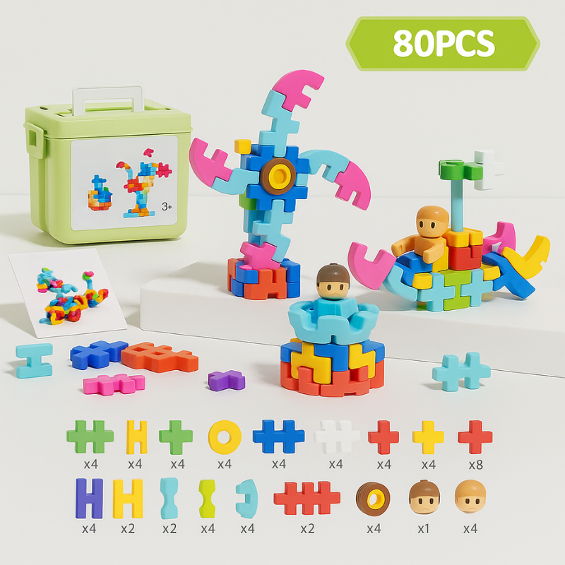 80 pièces de construction colorées disposées sur une table