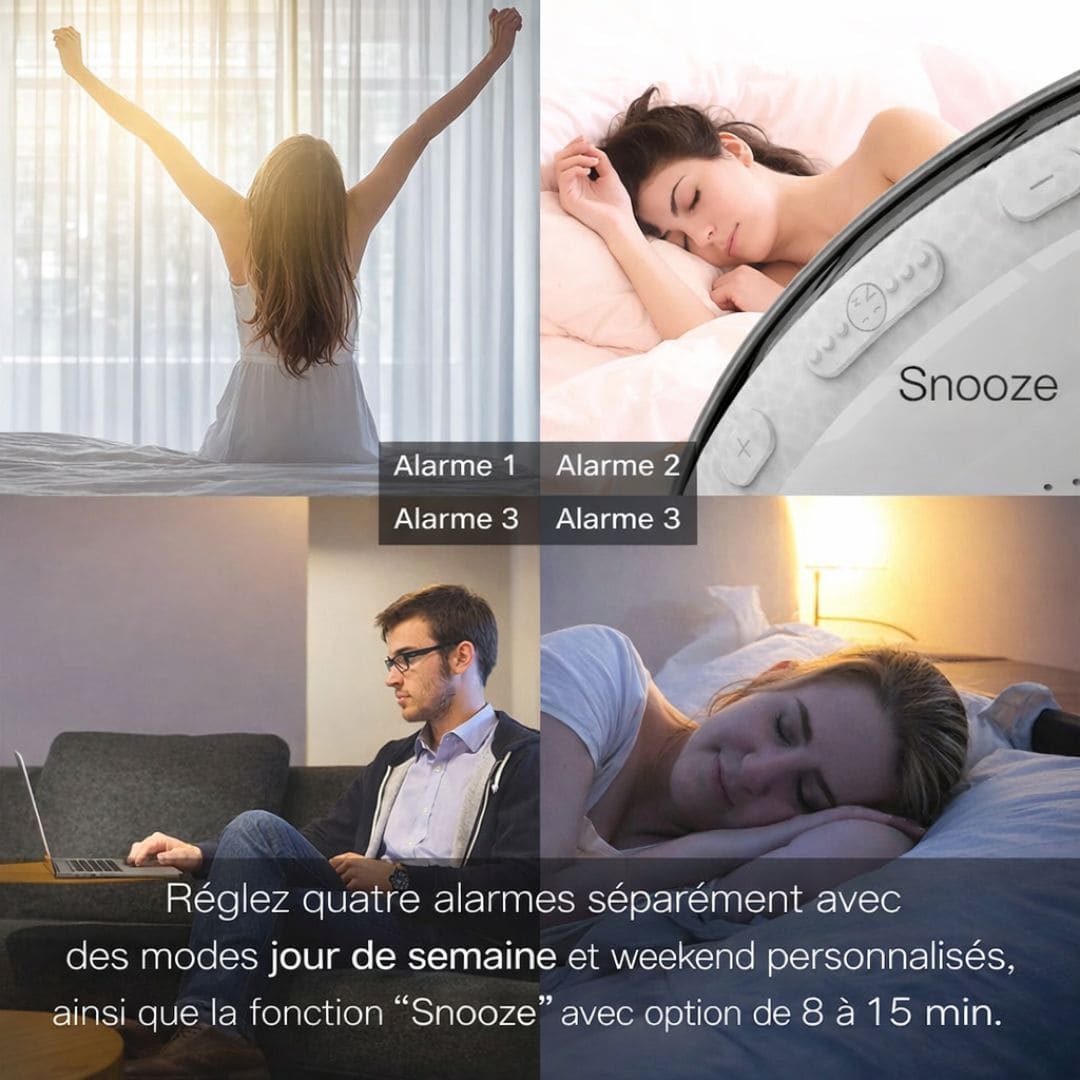 Réveil simulant un lever de soleil avec lumière douce