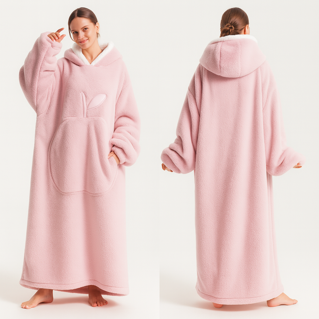 Plaid à capuche étalé, montrant sa longueur et sa douceur