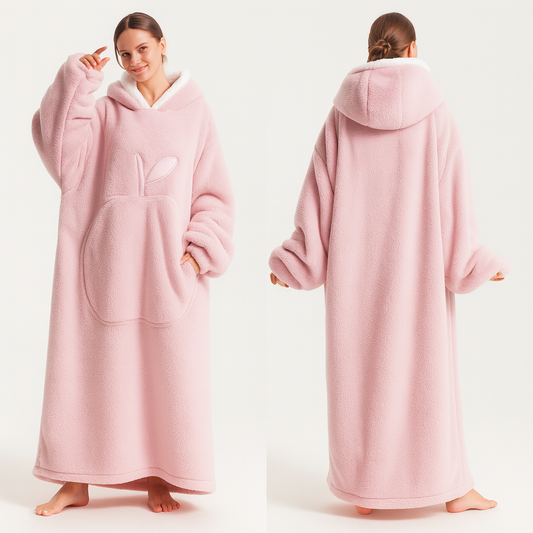 Plaid à capuche étalé, montrant sa longueur et sa douceur