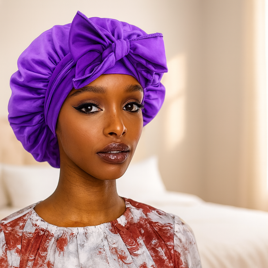 Bonnet en satin sur mannequin, vue de profil