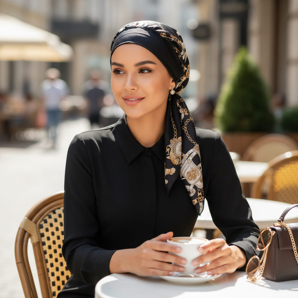 Vue de face d'un foulard chimio noir élégant