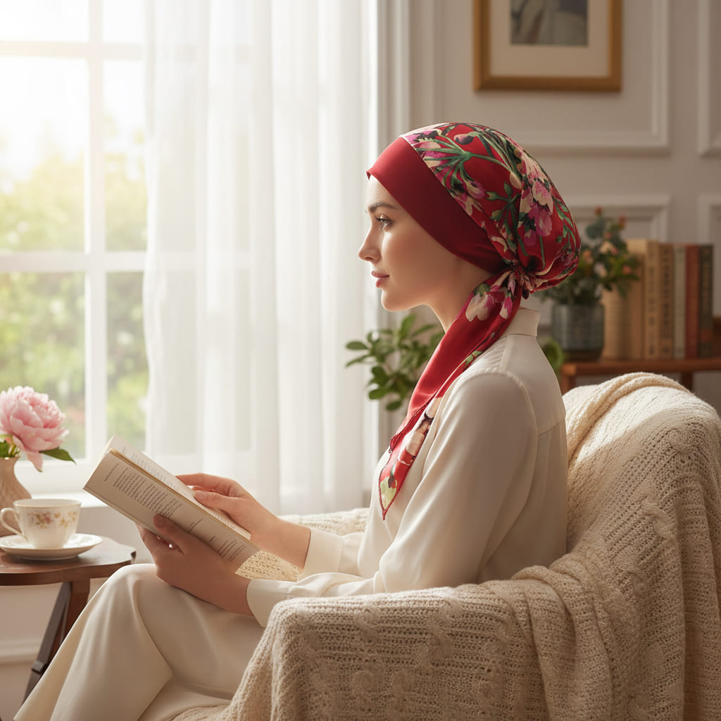 Foulard rouge floral noué, vue arrière