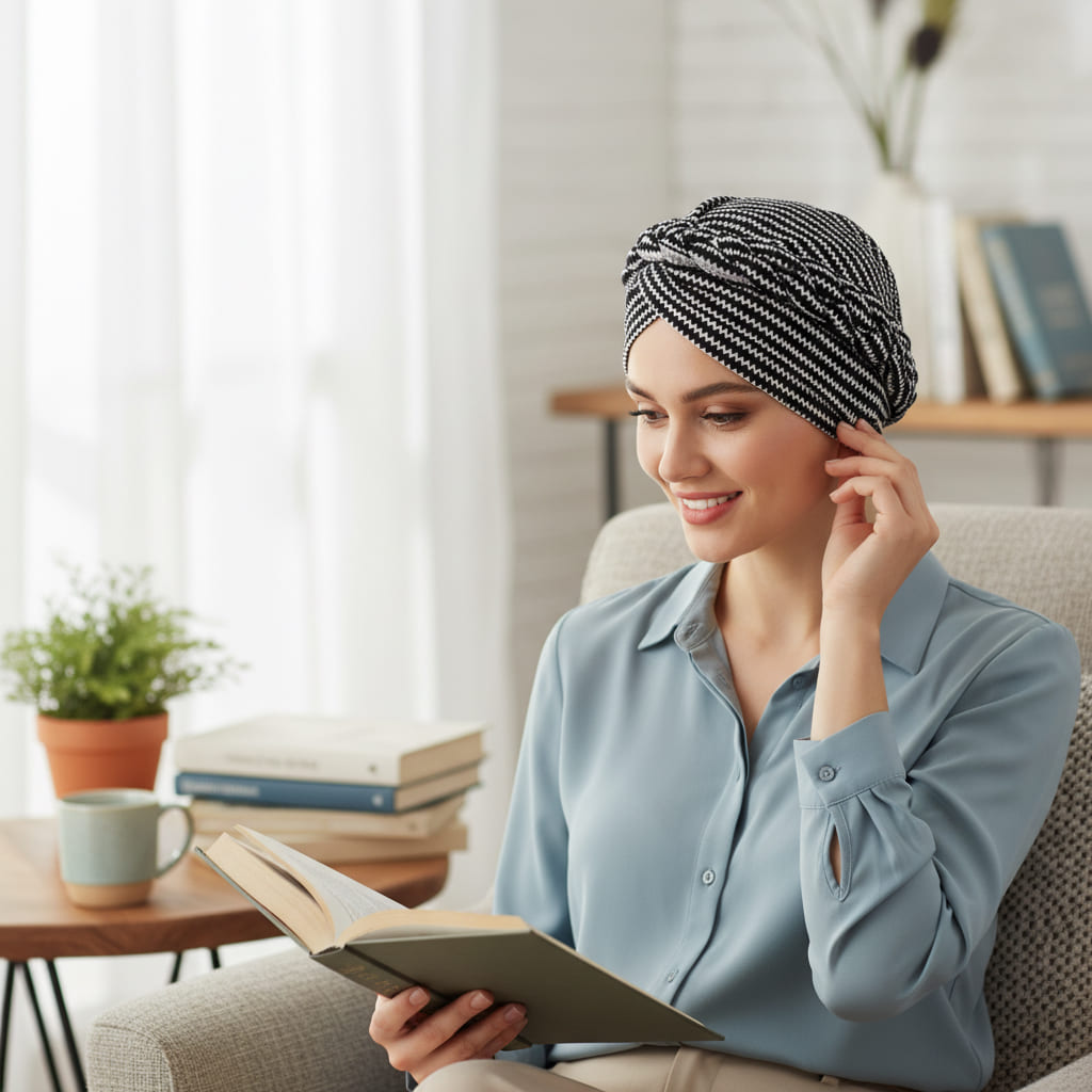 Femme portant un turban chimio noir et blanc élégant