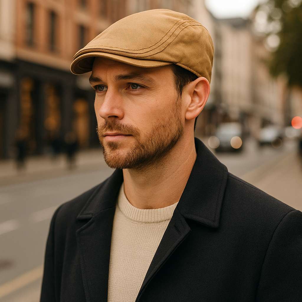 Homme portant un béret en coton beige, style décontracté