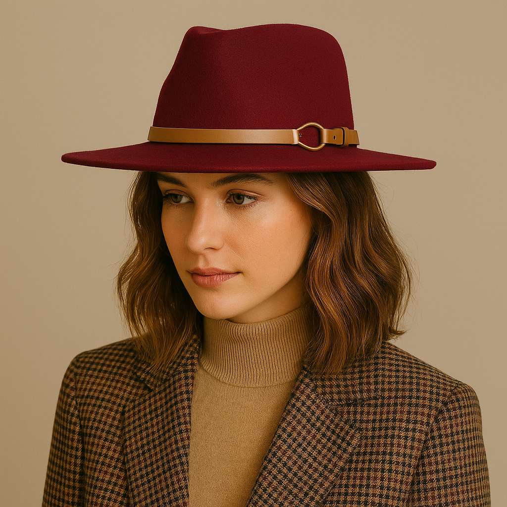 Jeune femme souriante portant un Fedora en laine dans un parc