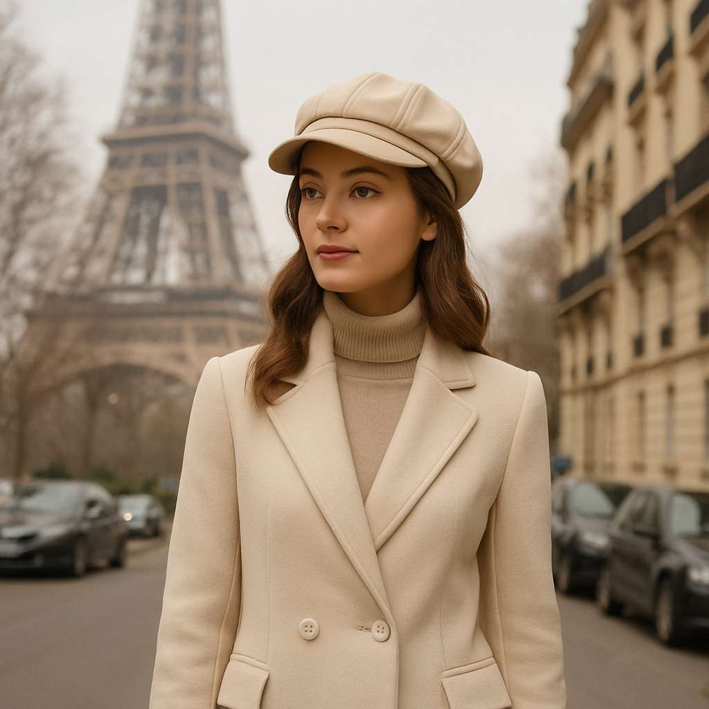 Jeune femme portant une casquette gavroche en cuir noir