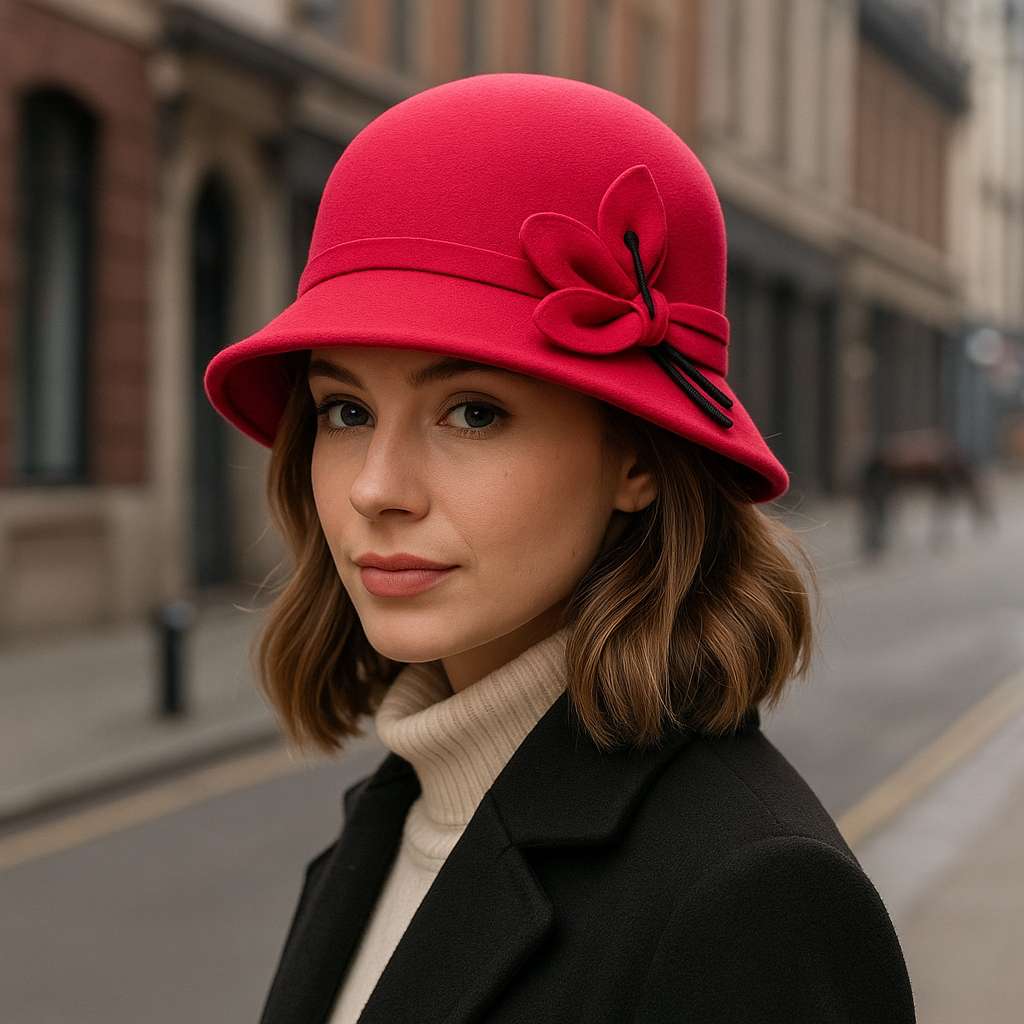 Jeune femme portant un chapeau cloche élégant, fond neutre