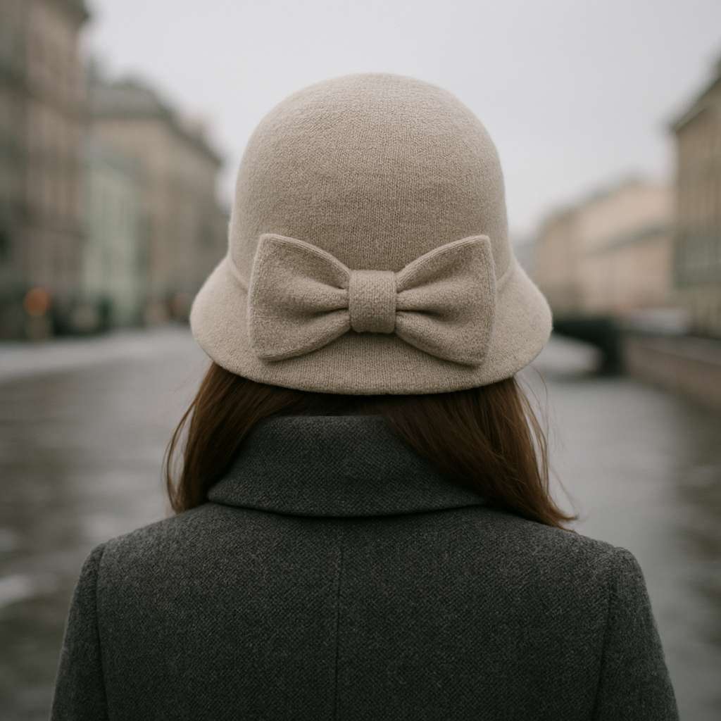 Vue arrière d'une femme avec chapeau cloche en promenade