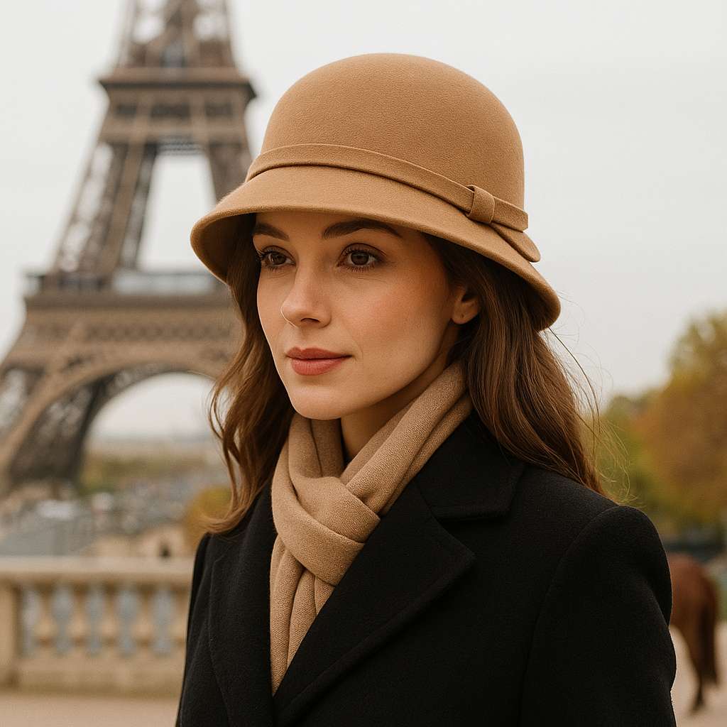 Jeune femme portant un chapeau cloche chic beige