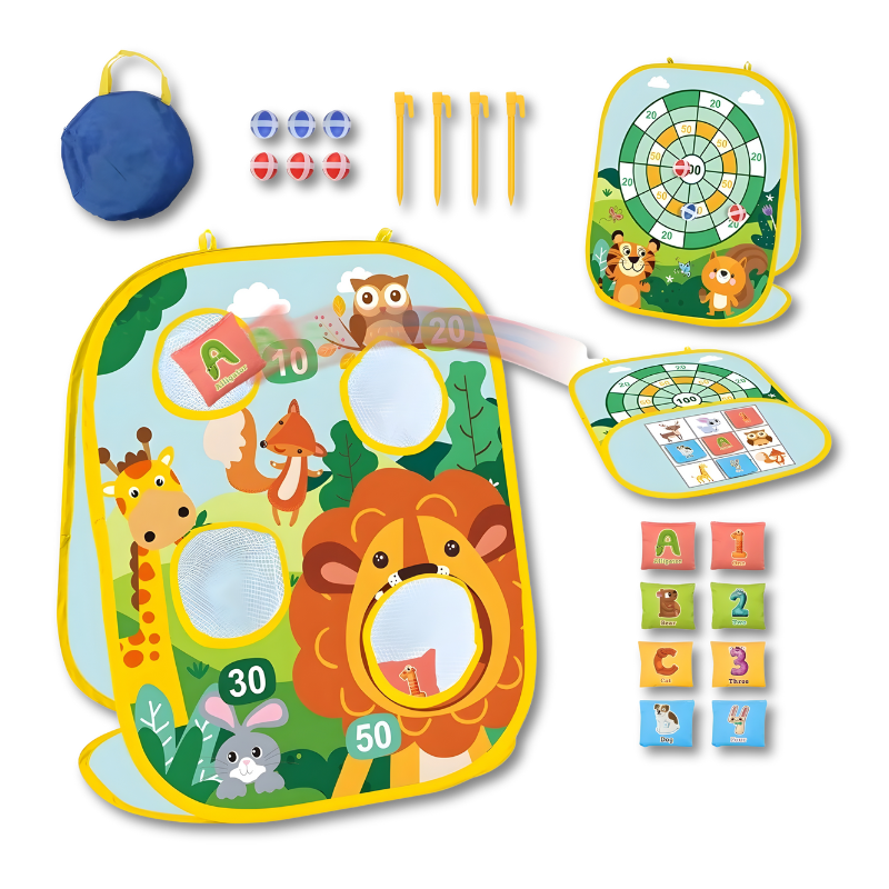 Planche de jeu avec motifs d'animaux et sacs de haricots