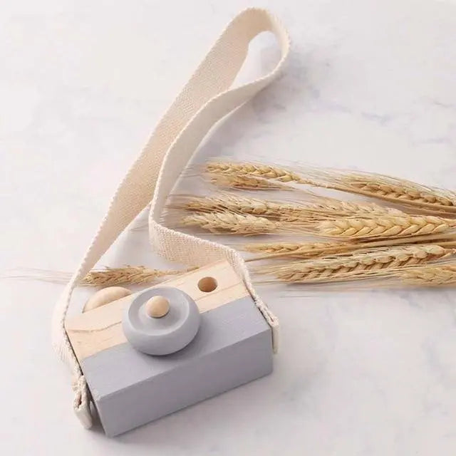 Détail des boutons sur l'appareil photo en bois